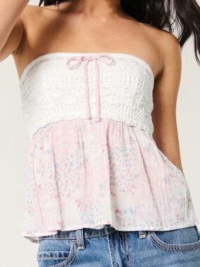 Strapless Crochet Bodice Pink Floral Tube Top